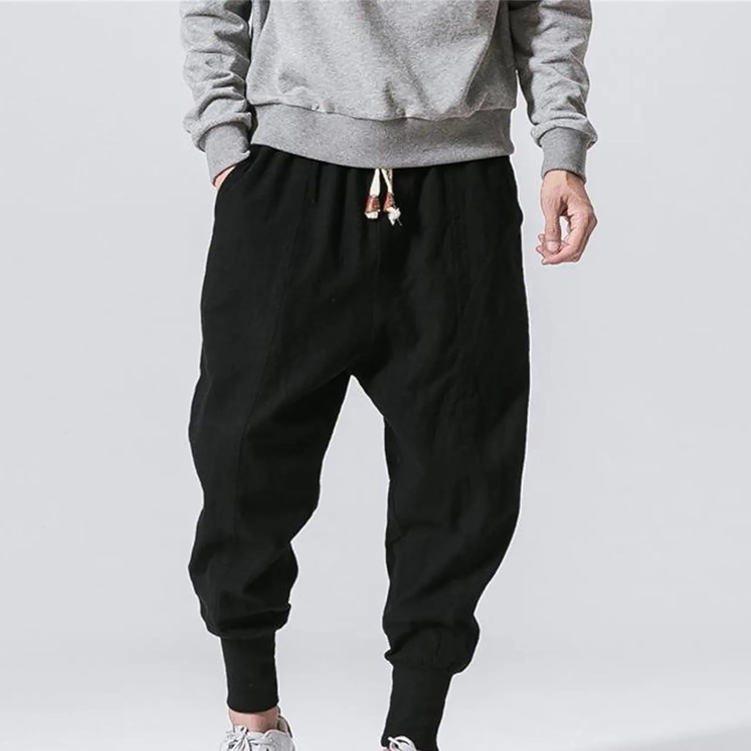 Mens Cotton Linen Harem Pants Drop Crotch Wide Leg Pants Drawstring Waist Baggy Sweatpants Casual Hippie Trousers