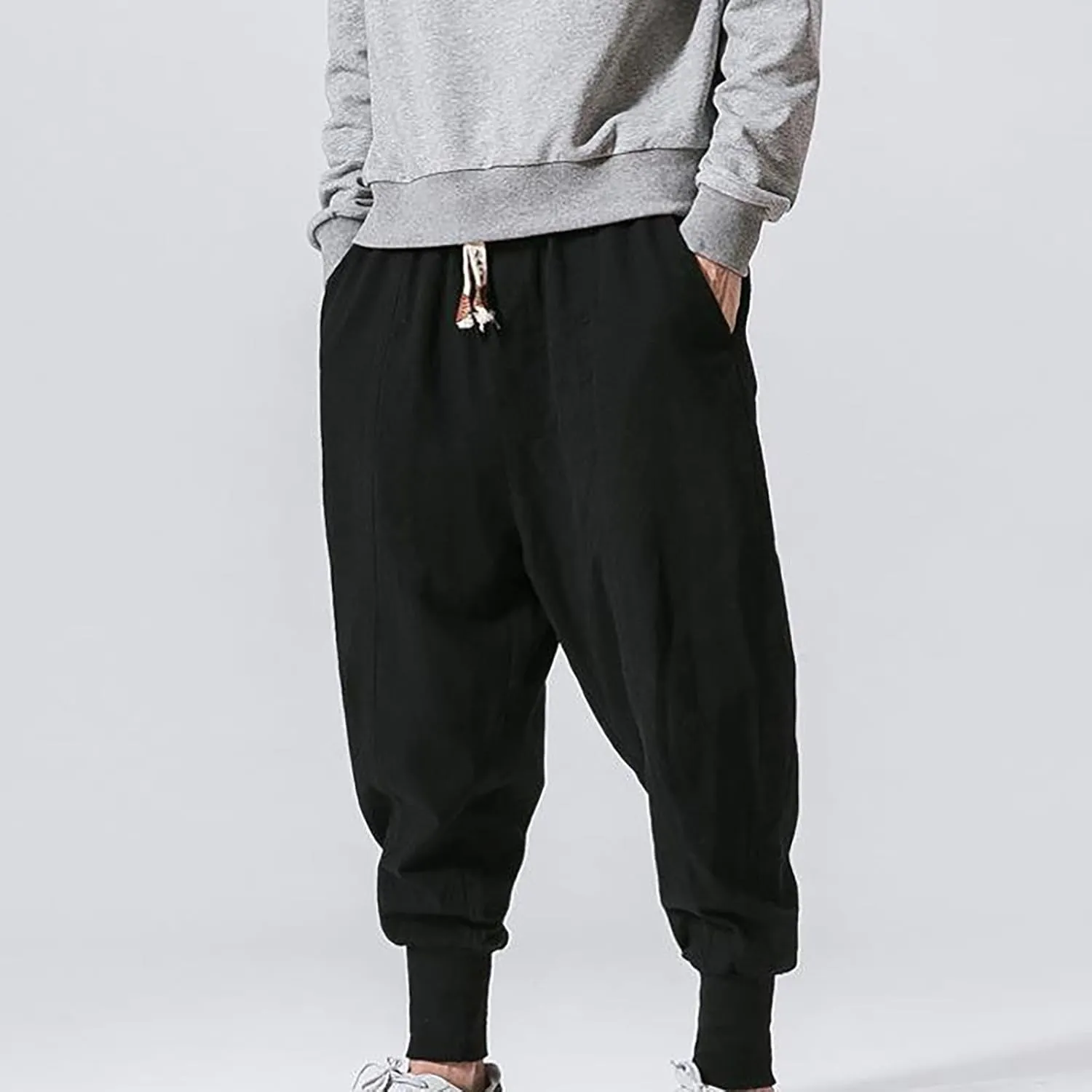 Mens Cotton Linen Harem Pants Drop Crotch Wide Leg Pants Drawstring Waist Baggy Sweatpants Casual Hippie Trousers