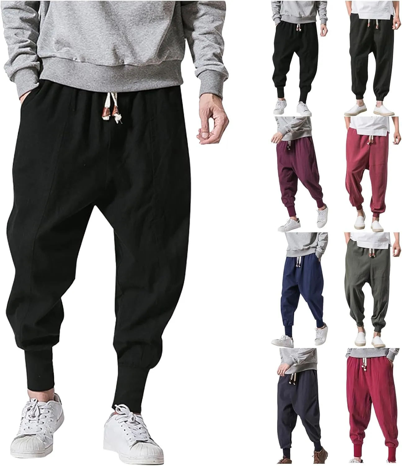 Mens Cotton Linen Harem Pants Drop Crotch Wide Leg Pants Drawstring Waist Baggy Sweatpants Casual Hippie Trousers