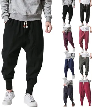 Mens Cotton Linen Harem Pants Drop Crotch Wide Leg Pants Drawstring Waist Baggy Sweatpants Casual Hippie Trousers