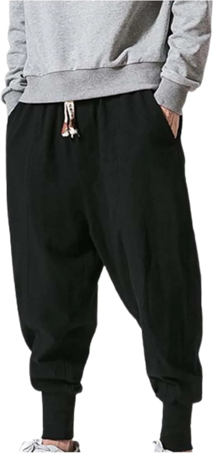 Mens Cotton Linen Harem Pants Drop Crotch Wide Leg Pants Drawstring Waist Baggy Sweatpants Casual Hippie Trousers