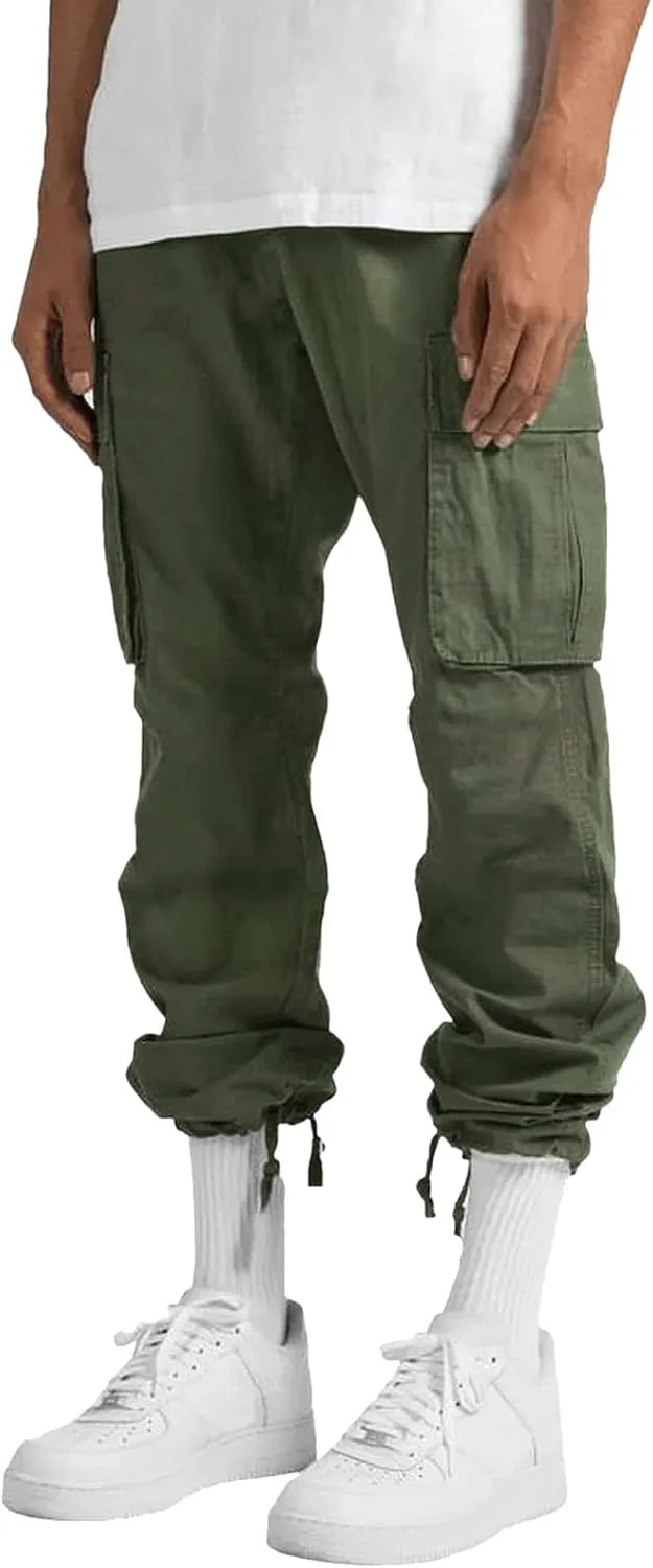Mens Drawstring Cargo Pants Casual Solid Stretch Waist Sweatpants Athletic Running Tactical Trousers with Pockets