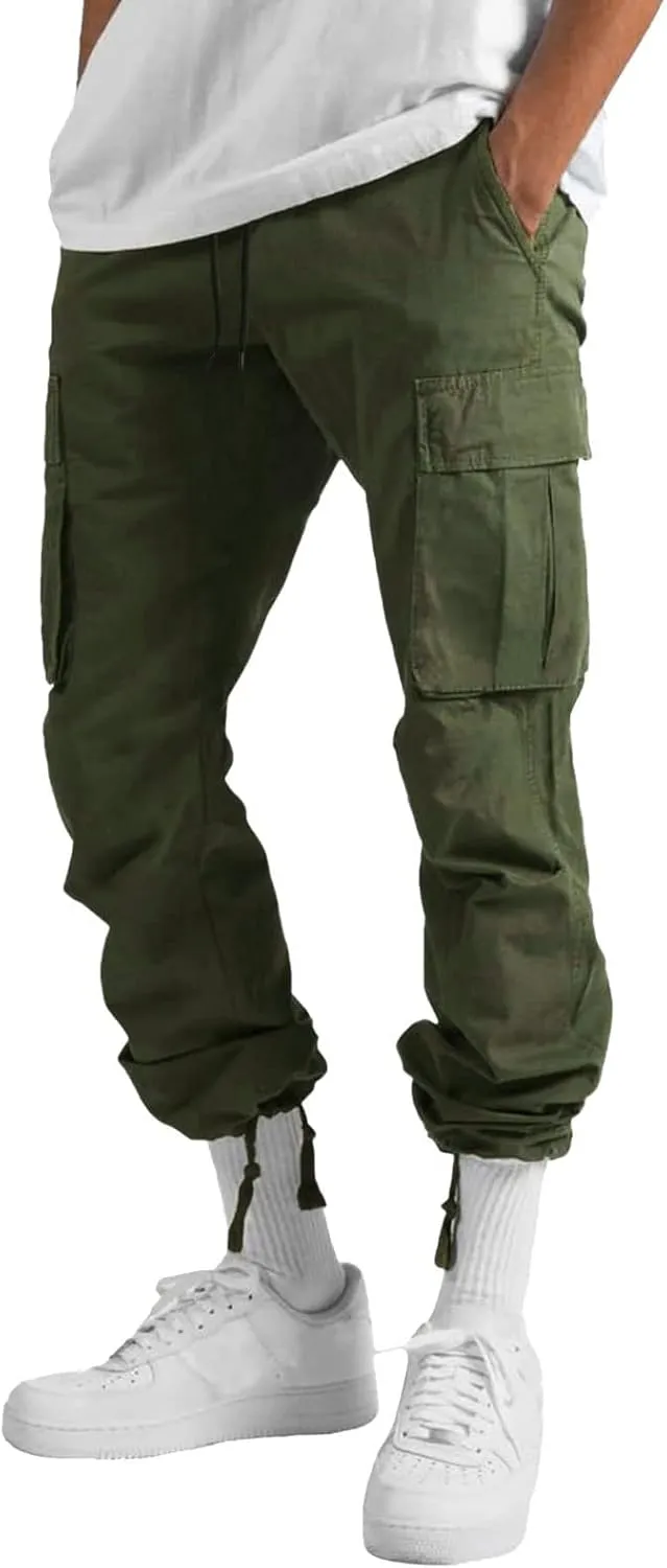 Mens Drawstring Cargo Pants Casual Solid Stretch Waist Sweatpants Athletic Running Tactical Trousers with Pockets