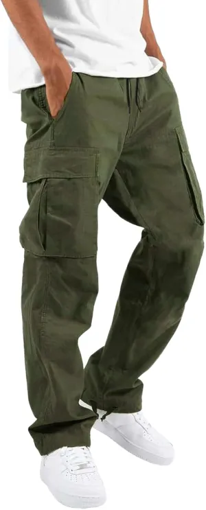 Mens Drawstring Cargo Pants Casual Solid Stretch Waist Sweatpants Athletic Running Tactical Trousers with Pockets
