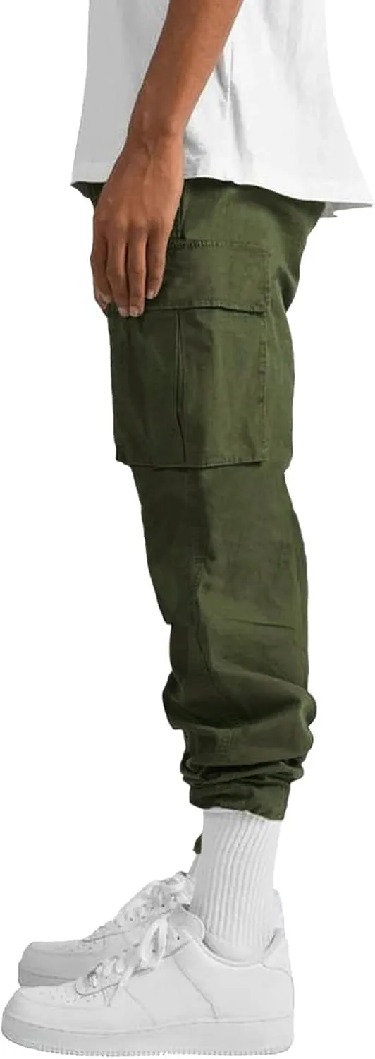 Mens Drawstring Cargo Pants Casual Solid Stretch Waist Sweatpants Athletic Running Tactical Trousers with Pockets