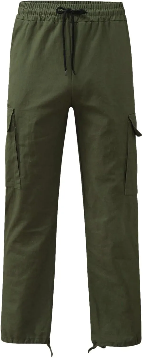 Mens Drawstring Cargo Pants Casual Solid Stretch Waist Sweatpants Athletic Running Tactical Trousers with Pockets