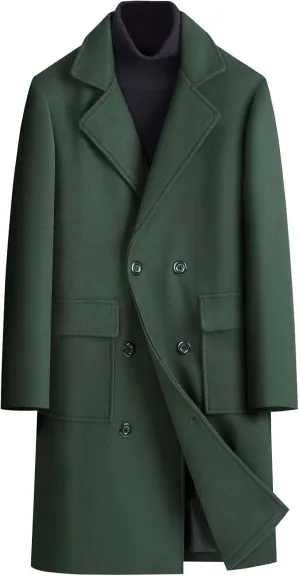 Men's Fall Winter Office Double Breasted Long Dress Wool Coat Overcoat Warm Woolen Casual Lapel Collar Trench Coats