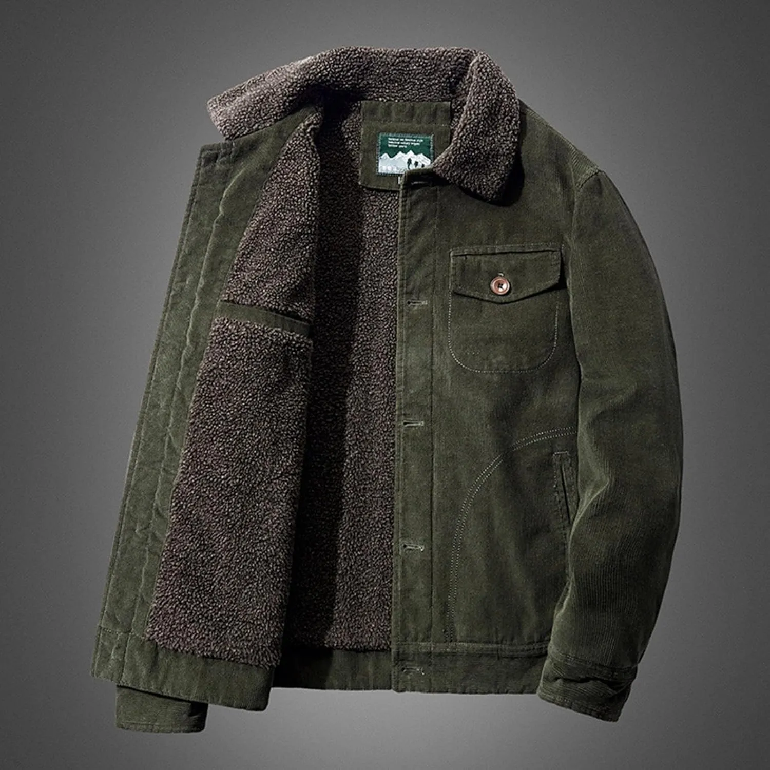 Men's Fleece Heated Jacket Thermal Sherpa Lined Padded Winter Coat Button Lapel Long Sleeve Thicken Warm Outerwear
