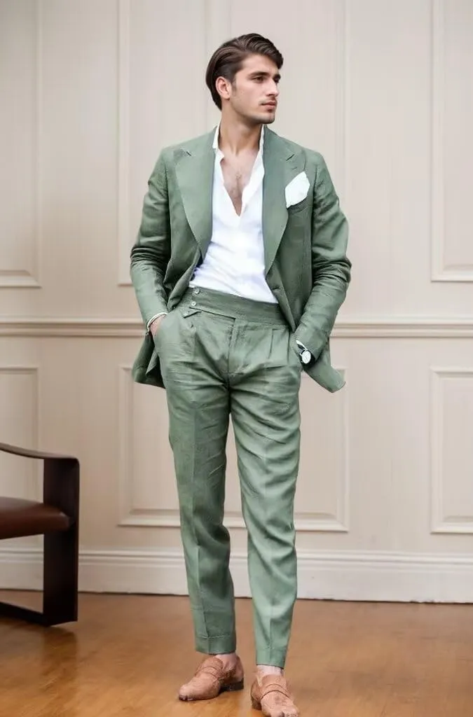 Mens Linen Suit for Beach Wedding Double Breasted Prom Tuxedos 2 Piece Peak Lapel Blazer Pants for Summer