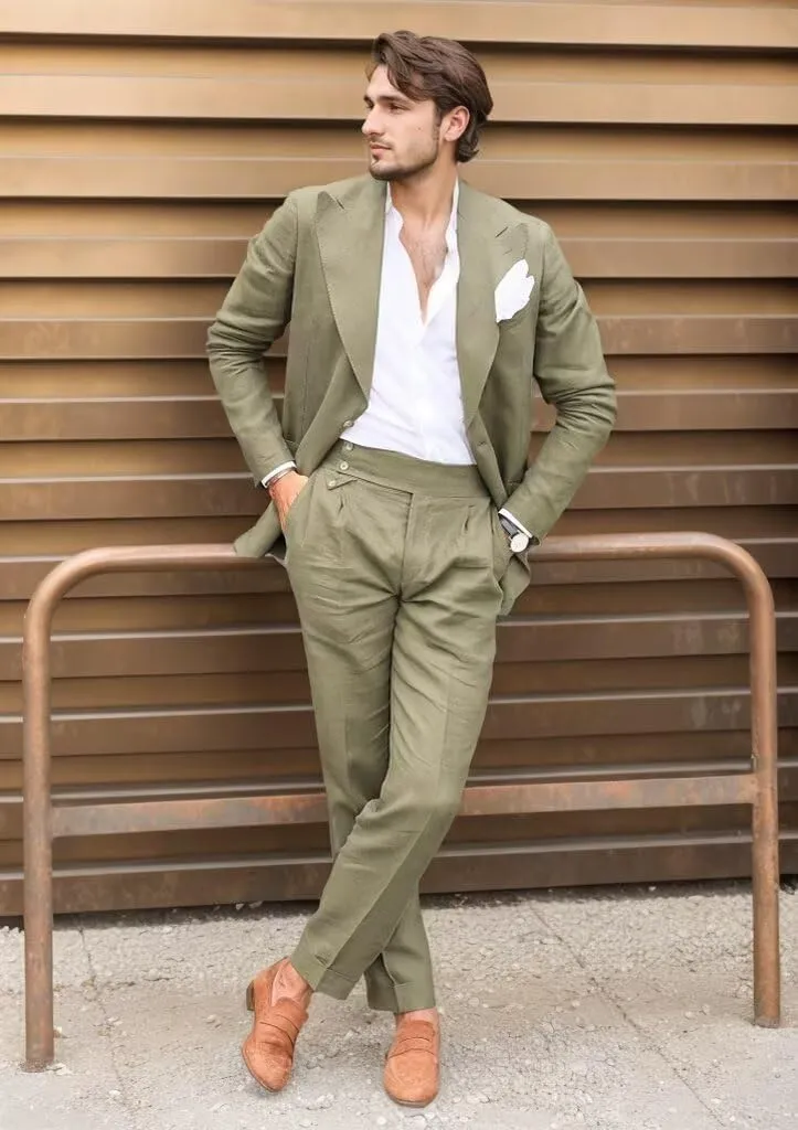 Mens Linen Suit for Beach Wedding Double Breasted Prom Tuxedos 2 Piece Peak Lapel Blazer Pants for Summer