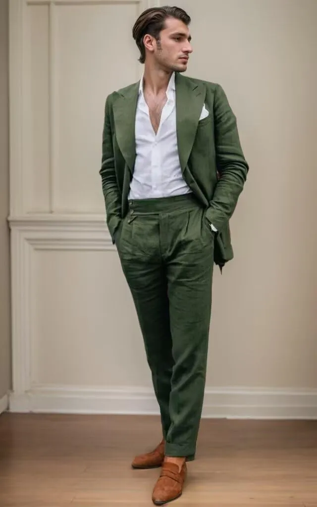 Mens Linen Suit for Beach Wedding Double Breasted Prom Tuxedos 2 Piece Peak Lapel Blazer Pants for Summer
