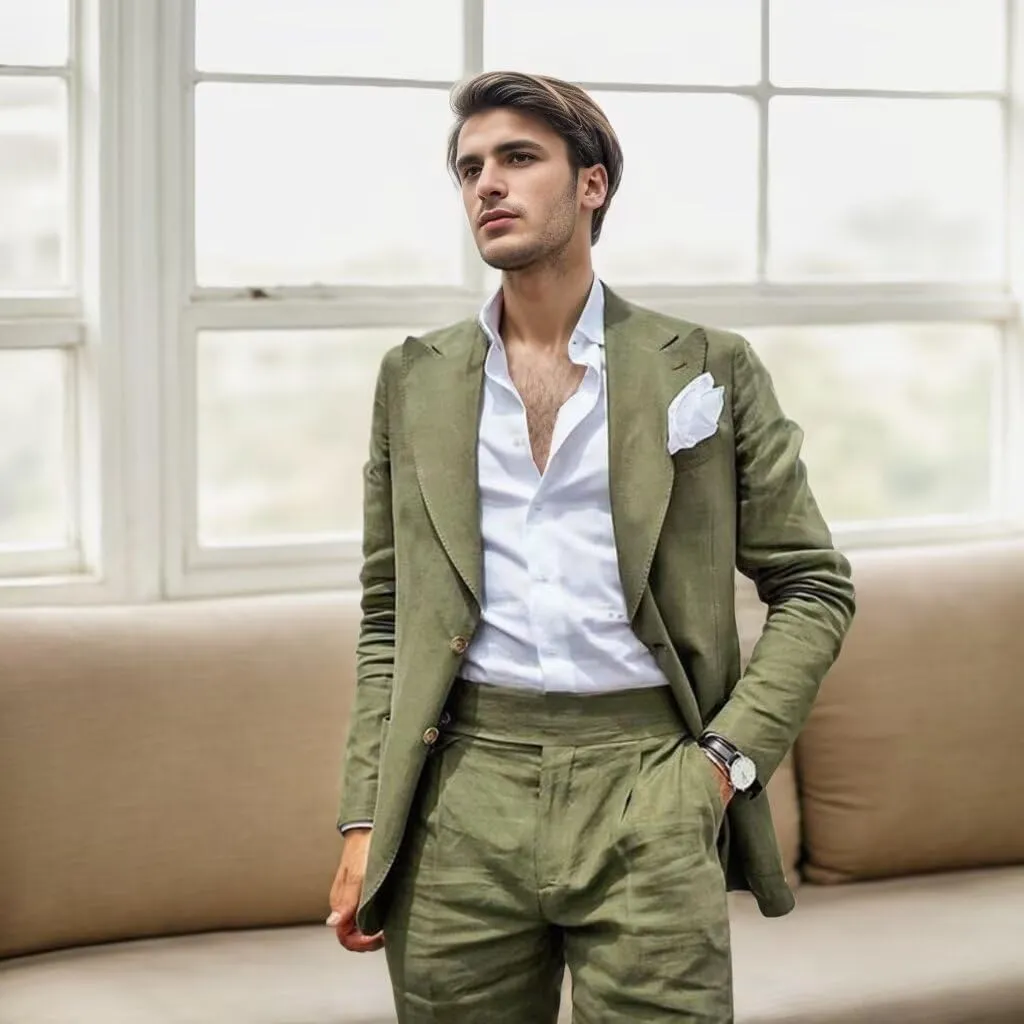 Mens Linen Suit for Beach Wedding Double Breasted Prom Tuxedos 2 Piece Peak Lapel Blazer Pants for Summer