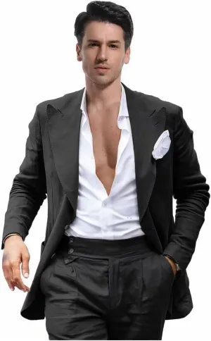 Mens Linen Suit for Beach Wedding Double Breasted Prom Tuxedos 2 Piece Peak Lapel Blazer Pants for Summer
