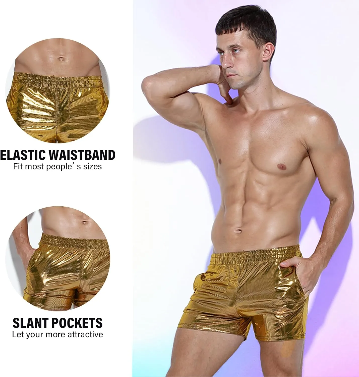 Mens Metallic Shorts Sexy Boxers Party Nightclub Rave Shorts with Pocket