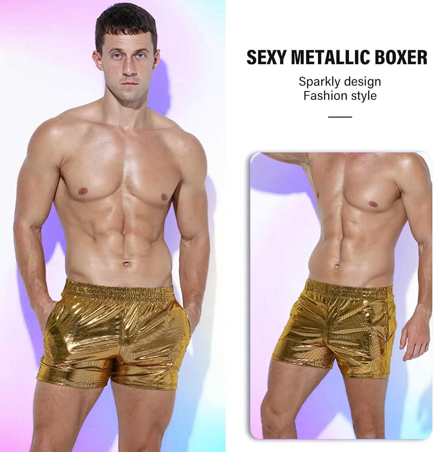 Mens Metallic Shorts Sexy Boxers Party Nightclub Rave Shorts with Pocket