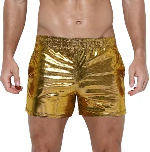 Mens Metallic Shorts Sexy Boxers Party Nightclub Rave Shorts with Pocket