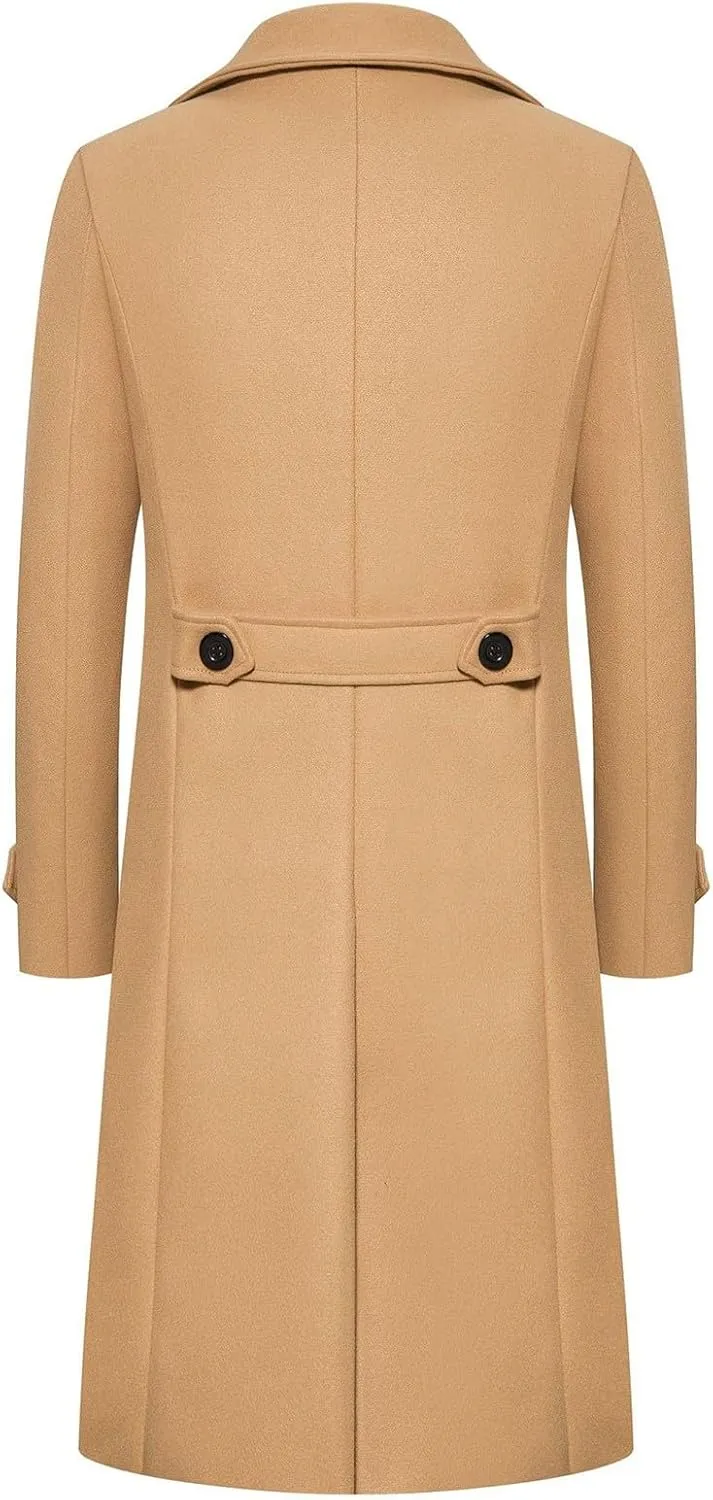 Men's Notched Collar Wool Blend Pea Coat Winter Single Breasted Classic Overcoat with Pockets