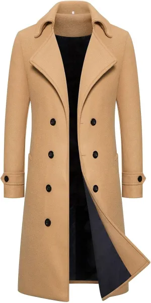 Men's Notched Collar Wool Blend Pea Coat Winter Single Breasted Classic Overcoat with Pockets