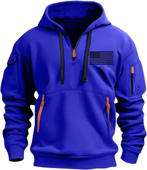 Men's Patriotic Hoodies USA Flag Print Graphic Quarter-Zip Pullover Tops Vintage Tactical Jacket Workout Hoodie