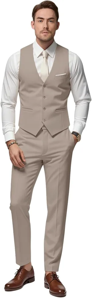 Mens Suits 2 Piece Slim Fit Suit Set V-Neck Solid Vest Pants Wedding Prom Tuxedo Set