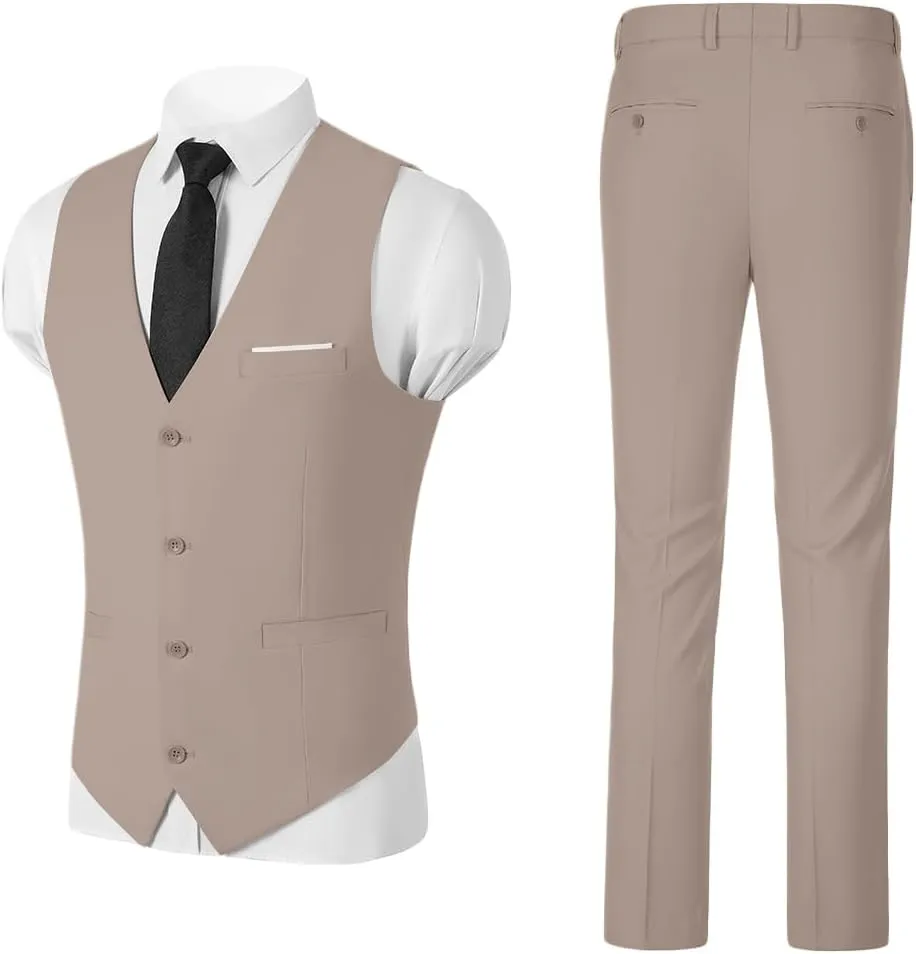 Mens Suits 2 Piece Slim Fit Suit Set V-Neck Solid Vest Pants Wedding Prom Tuxedo Set