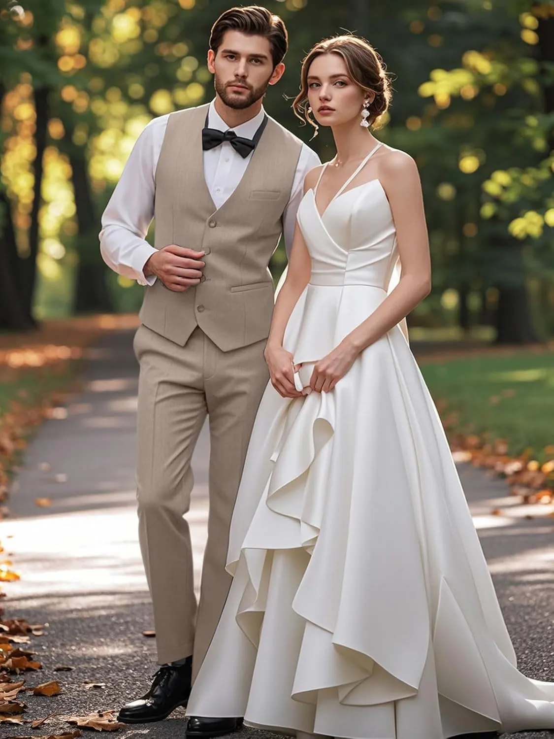 Mens Suits 2 Piece Slim Fit Suit Set V-Neck Solid Vest Pants Wedding Prom Tuxedo Set
