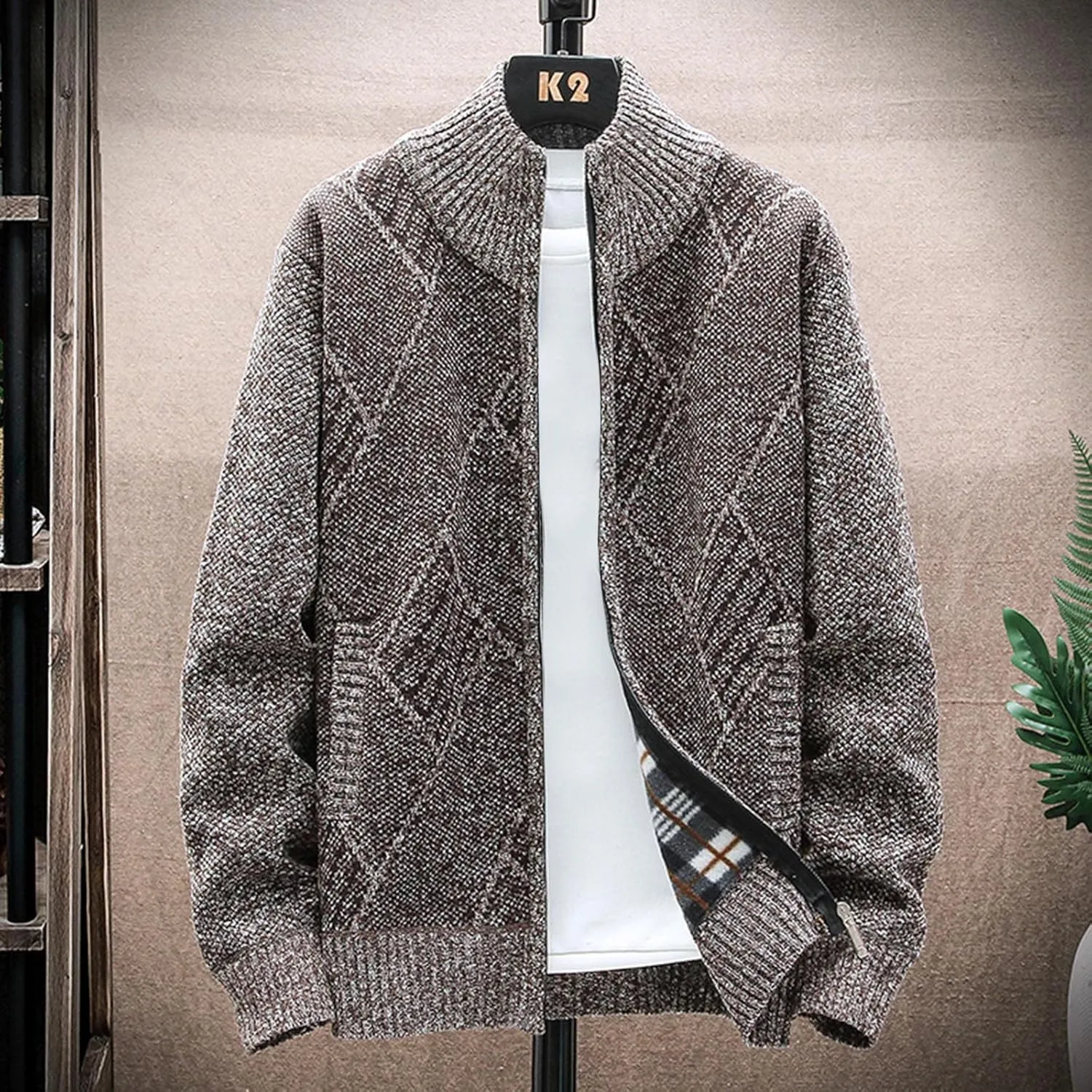 Mens Sweater Jackets Casual Stand Collar Knitted Sweater Cardigan Lightweight Fleece Lined Full Zip Knitwear Coat