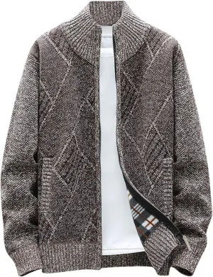 Mens Sweater Jackets Casual Stand Collar Knitted Sweater Cardigan Lightweight Fleece Lined Full Zip Knitwear Coat