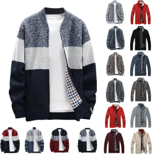 Mens Sweater Jackets Casual Stand Collar Knitted Sweater Cardigan Lightweight Fleece Lined Full Zip Knitwear Coat