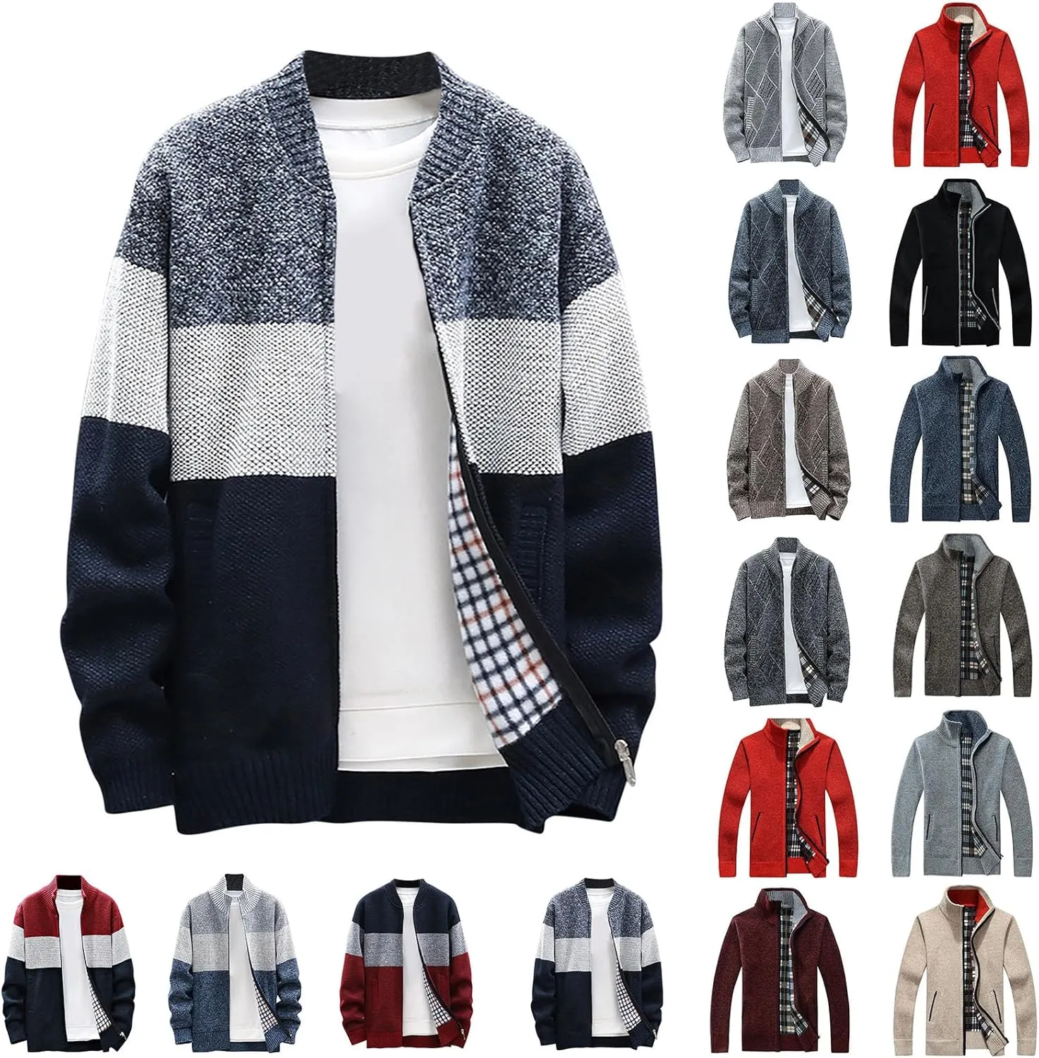 Mens Sweater Jackets Casual Stand Collar Knitted Sweater Cardigan Lightweight Fleece Lined Full Zip Knitwear Coat