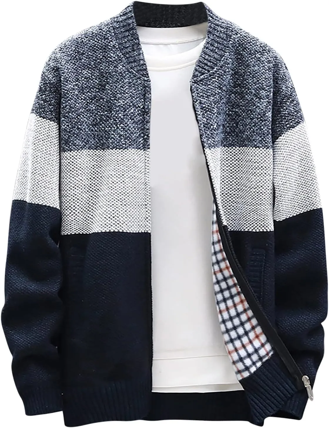 Mens Sweater Jackets Casual Stand Collar Knitted Sweater Cardigan Lightweight Fleece Lined Full Zip Knitwear Coat