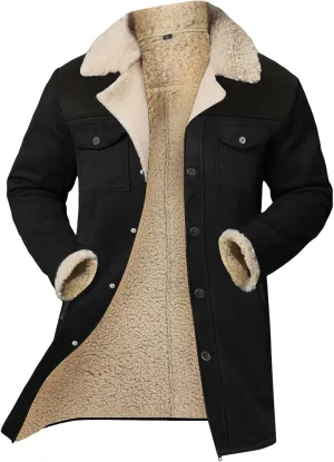 Mens Western Cowboy Jacket Distressed Suede Long Trench Coats Zip Up Sherpa Collar Faux Leather Outdoor Jacket
