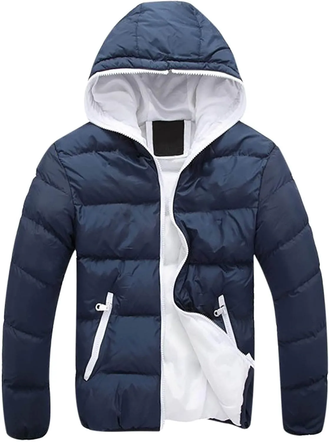 Men's Winter Puffer Jacket Thicken Full Zip Up Coat Warm Padded Jacket Outwear with Hood Windproof Quilted Coat