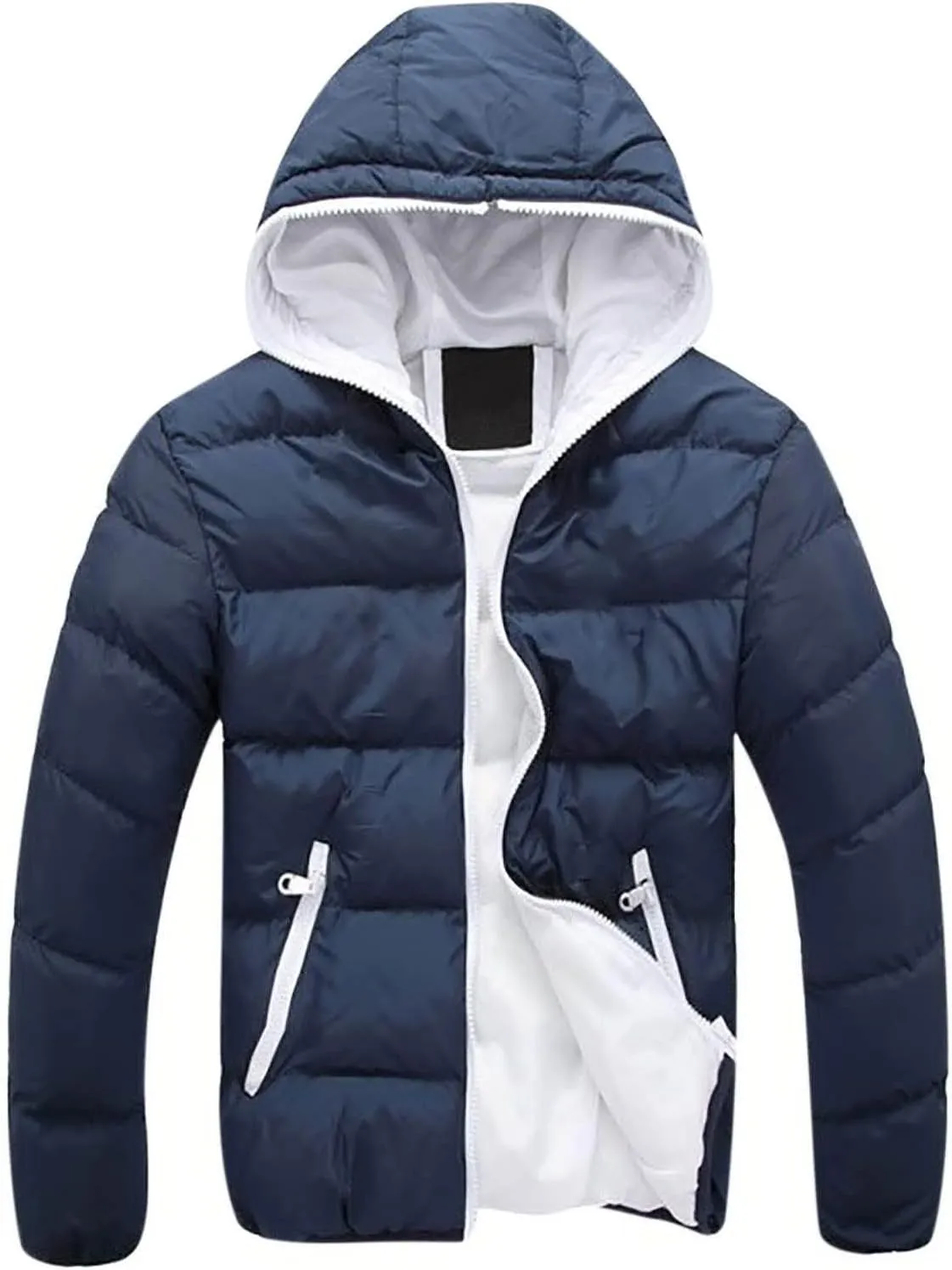 Men's Winter Puffer Jacket Thicken Full Zip Up Coat Warm Padded Jacket Outwear with Hood Windproof Quilted Coat