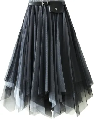 Mesh Layered Midi Irregular Tulle Skirt Women Summer High Waist Up Party Petticoat Skirt Women's Elegant Mint