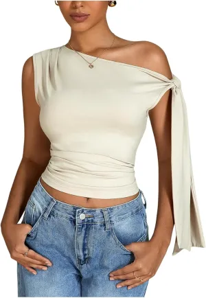 Milumia Women's Ruched Off One Shoulder Tops Y2K Asymmetrical Tie Shoulder Tank Top