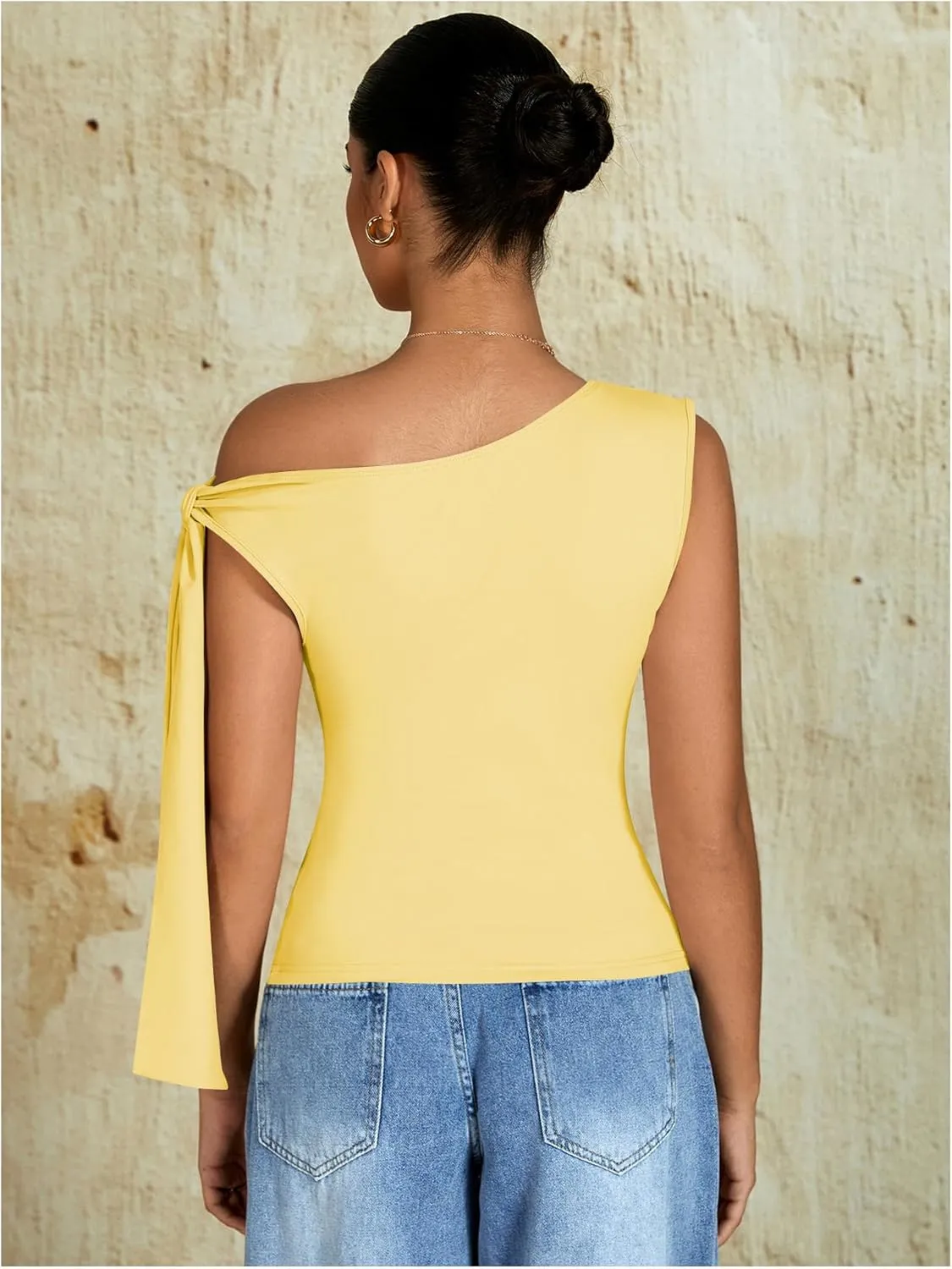 Milumia Women's Ruched Off One Shoulder Tops Y2K Asymmetrical Tie Shoulder Tank Top