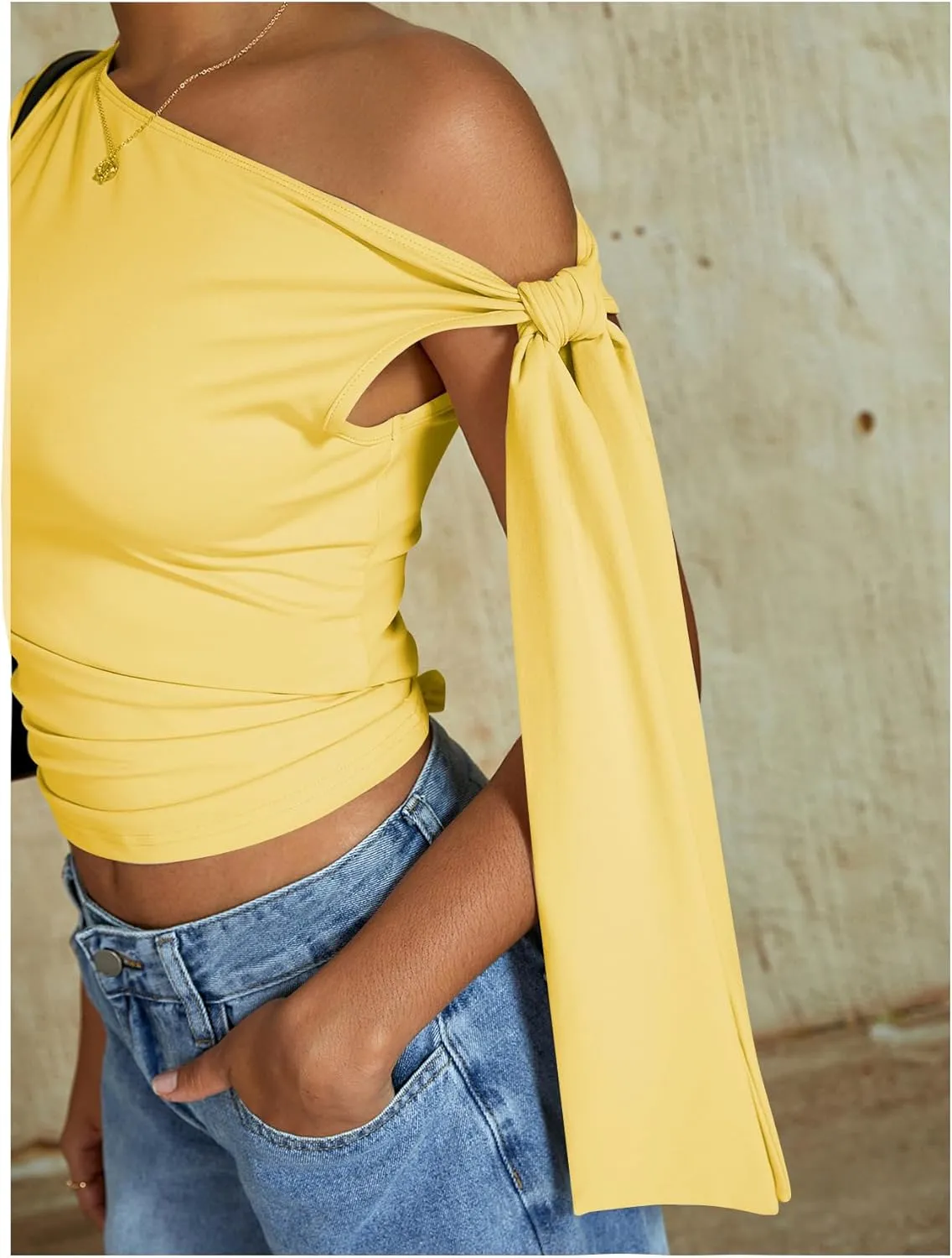 Milumia Women's Ruched Off One Shoulder Tops Y2K Asymmetrical Tie Shoulder Tank Top