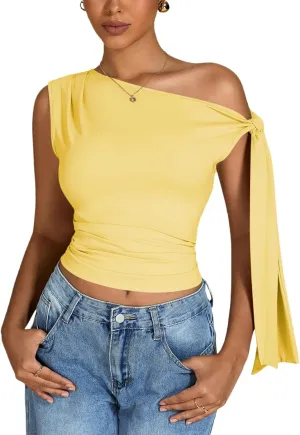 Milumia Women's Ruched Off One Shoulder Tops Y2K Asymmetrical Tie Shoulder Tank Top