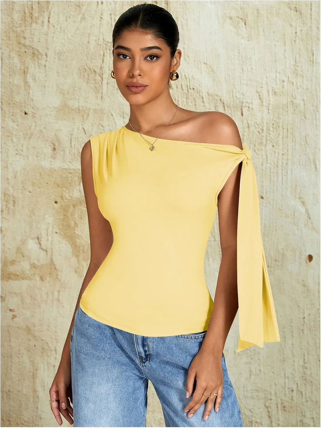 Milumia Women's Ruched Off One Shoulder Tops Y2K Asymmetrical Tie Shoulder Tank Top