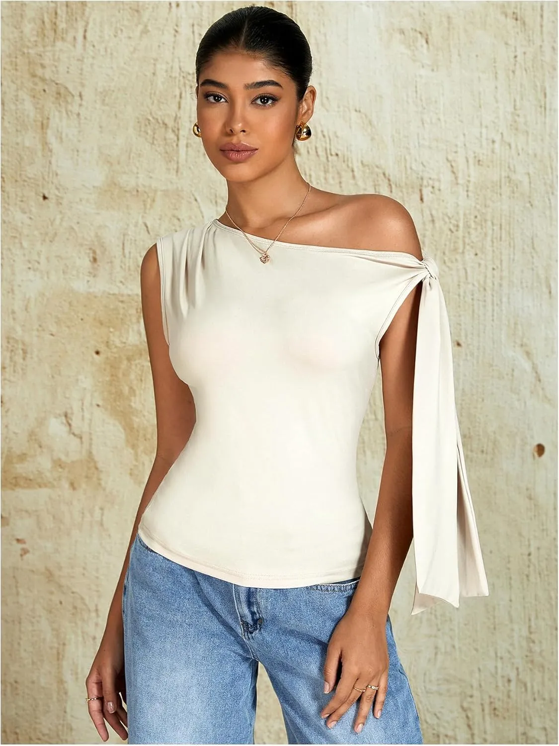 Milumia Women's Ruched Off One Shoulder Tops Y2K Asymmetrical Tie Shoulder Tank Top