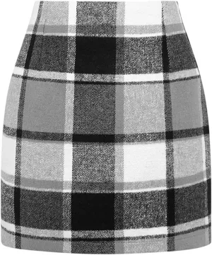 Mini Plaid Skirts for Women Trendy High Waisted Bodycon Wool Pencil Skirt Stretchy Wrap Skirt Lightweight Tweed Skirt