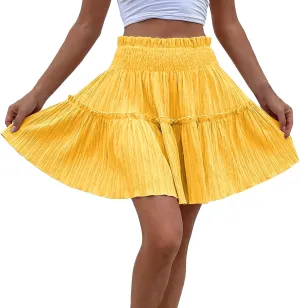 Mini Skirts for Women High Elastic Waisted Tiered Boho Smocked Ruffle A-Line Skirt Beach Flowy Short Cake Skirt