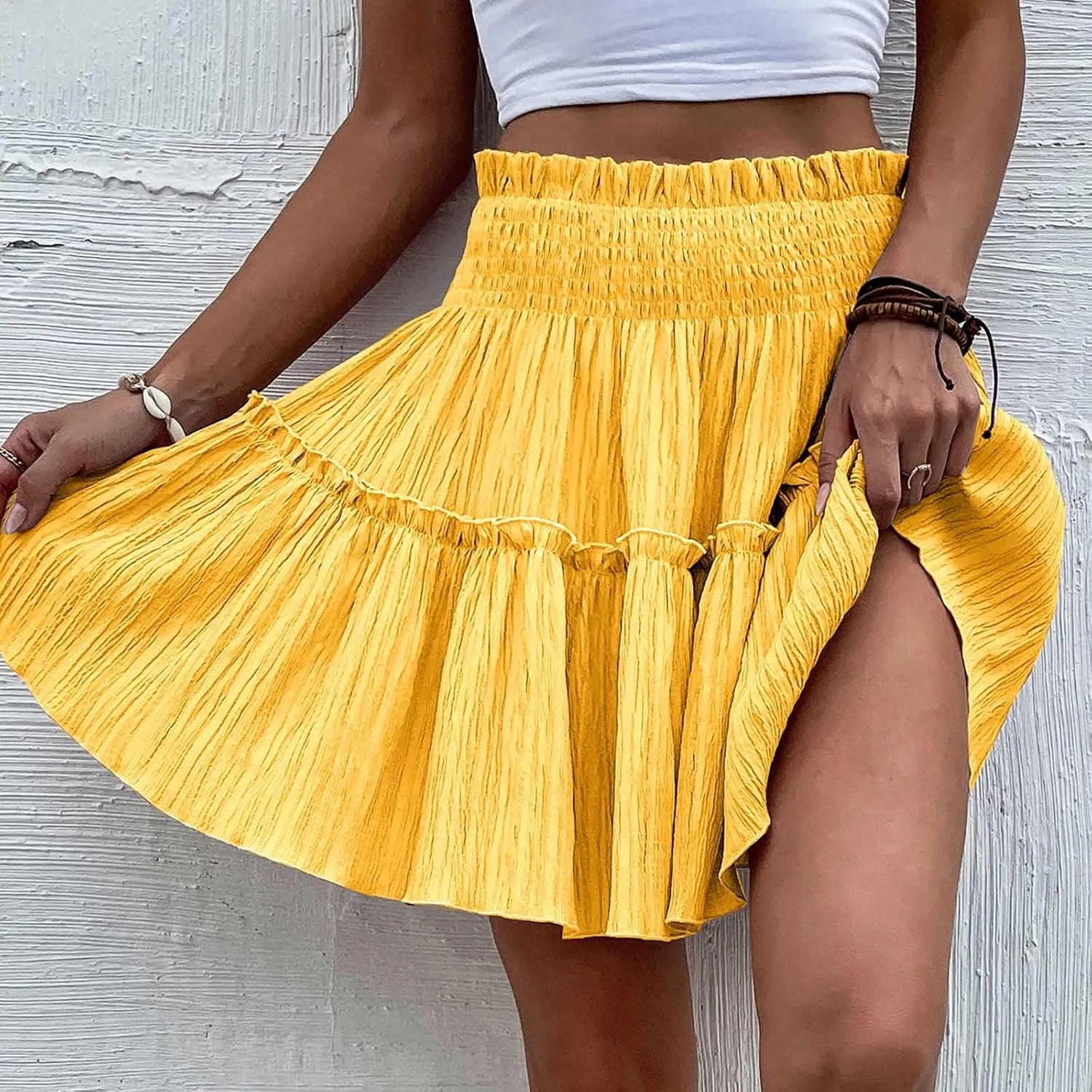 Mini Skirts for Women High Elastic Waisted Tiered Boho Smocked Ruffle A-Line Skirt Beach Flowy Short Cake Skirt