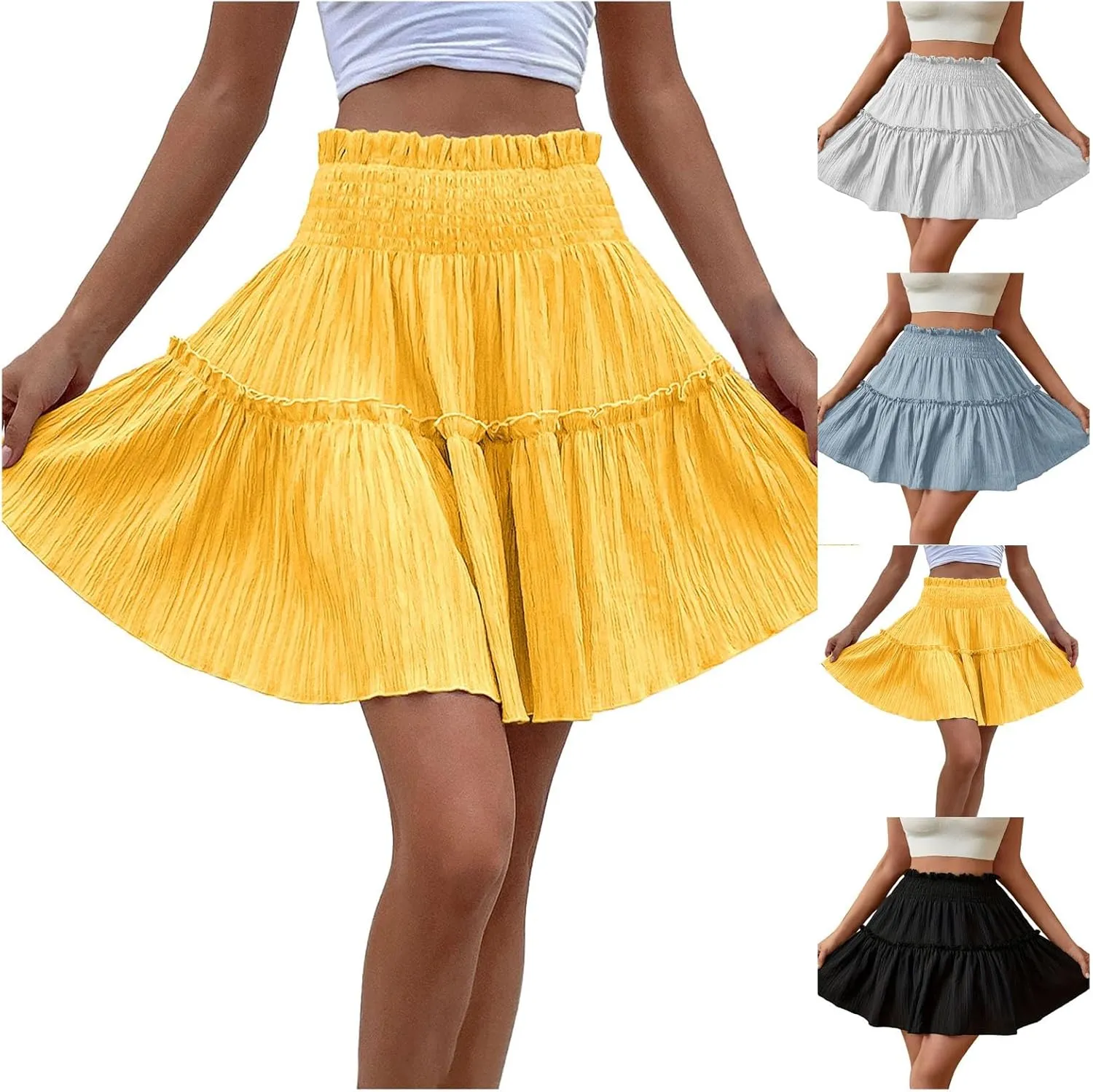 Mini Skirts for Women High Elastic Waisted Tiered Boho Smocked Ruffle A-Line Skirt Beach Flowy Short Cake Skirt