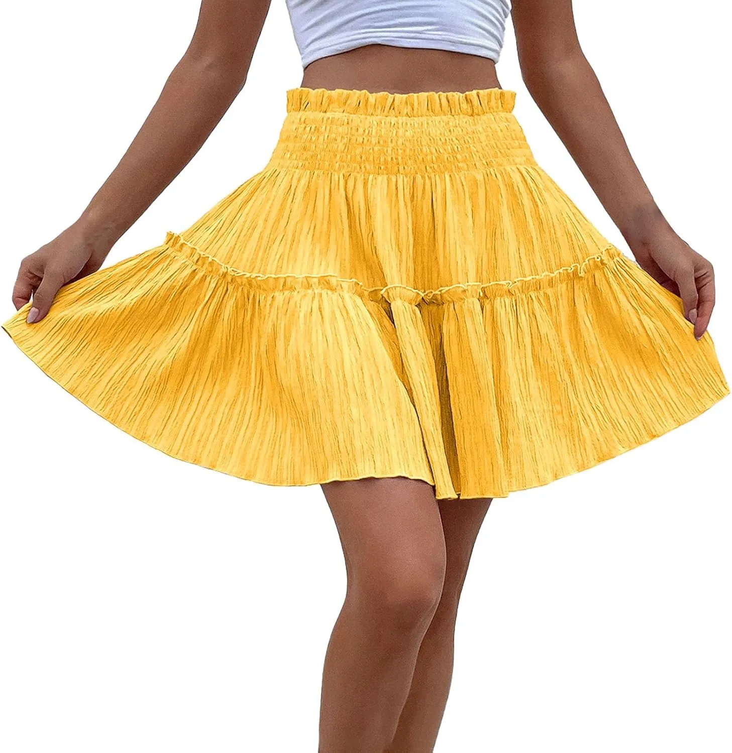 Mini Skirts for Women High Elastic Waisted Tiered Boho Smocked Ruffle A-Line Skirt Beach Flowy Short Cake Skirt
