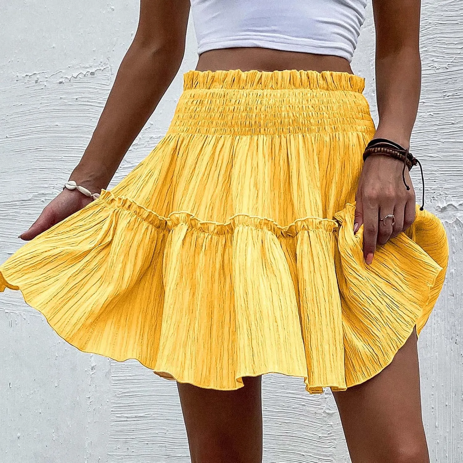 Mini Skirts for Women High Elastic Waisted Tiered Boho Smocked Ruffle A-Line Skirt Beach Flowy Short Cake Skirt