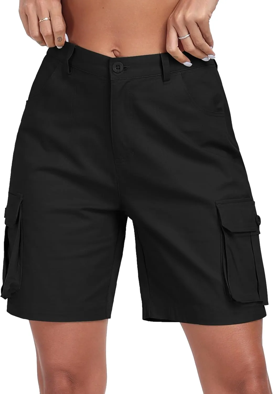 MoFiz Women's Cargo Shorts Bermuda Shorts Button Pockets Elastic Waist Knee Length Long Hiking Casual Shorts for Summer
