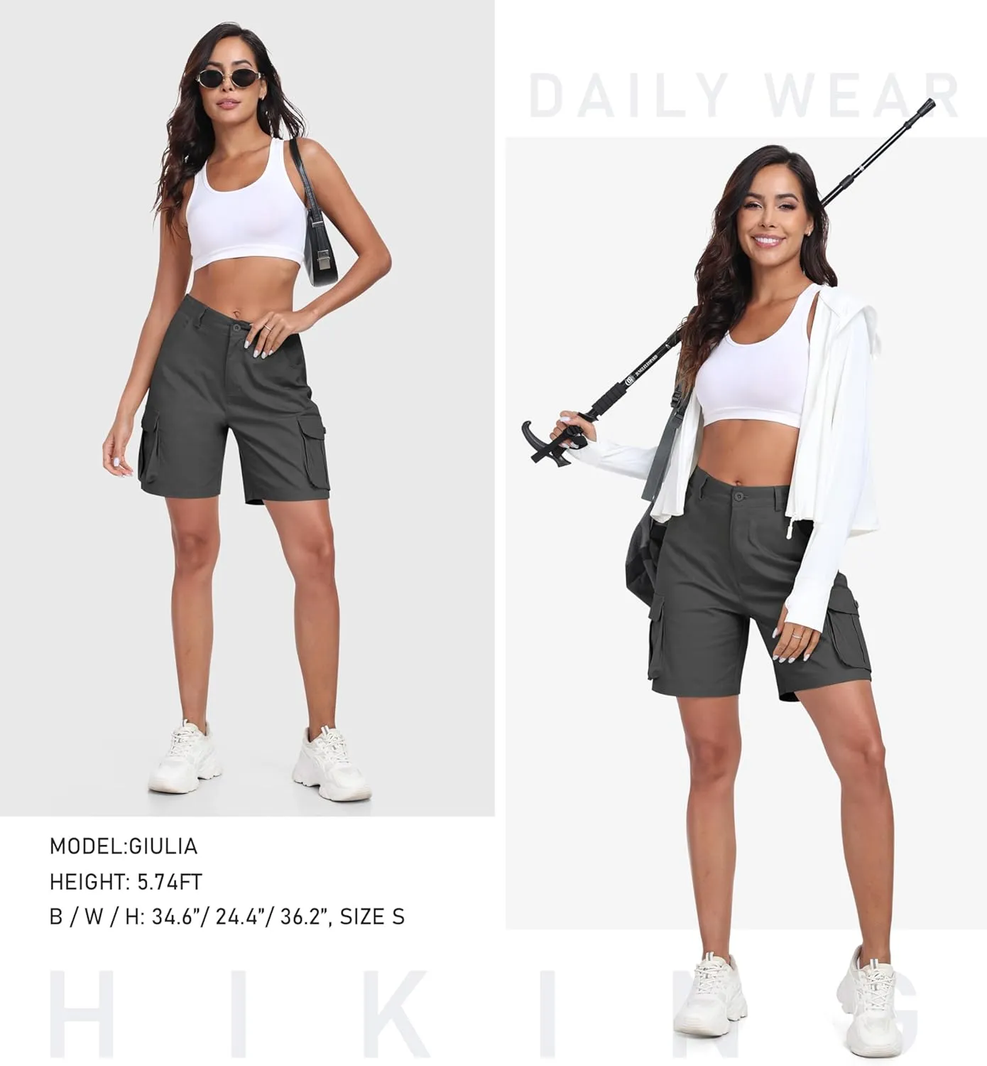 MoFiz Women's Cargo Shorts Bermuda Shorts Button Pockets Elastic Waist Knee Length Long Hiking Casual Shorts for Summer