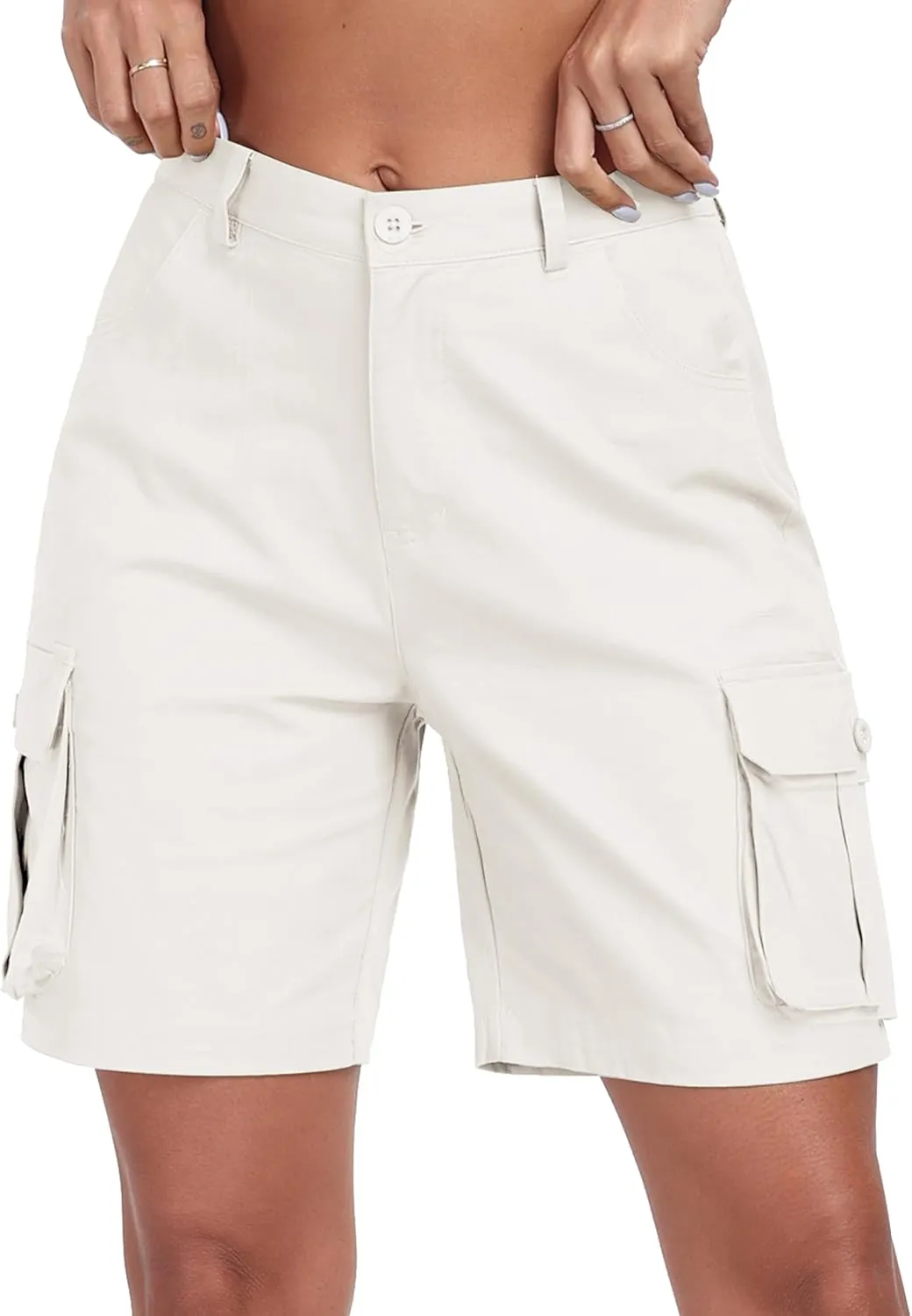 MoFiz Women's Cargo Shorts Bermuda Shorts Button Pockets Elastic Waist Knee Length Long Hiking Casual Shorts for Summer